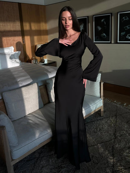 Women's Satin Maxi Dress Long Sleeve